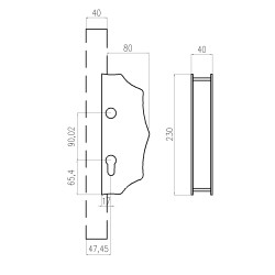 Kazetová zostava pre bránku 230x93x40mm, otvor pre kľučku ø 20mm, na profil 40x40mm, zdobená, pre zámok ZM90/80 Kazetová zostava pre bránku 230x93x40mm, otvor pre kľučku ø 20mm, na profil 40x40mm, zdobená, pre zámok ZM90/80